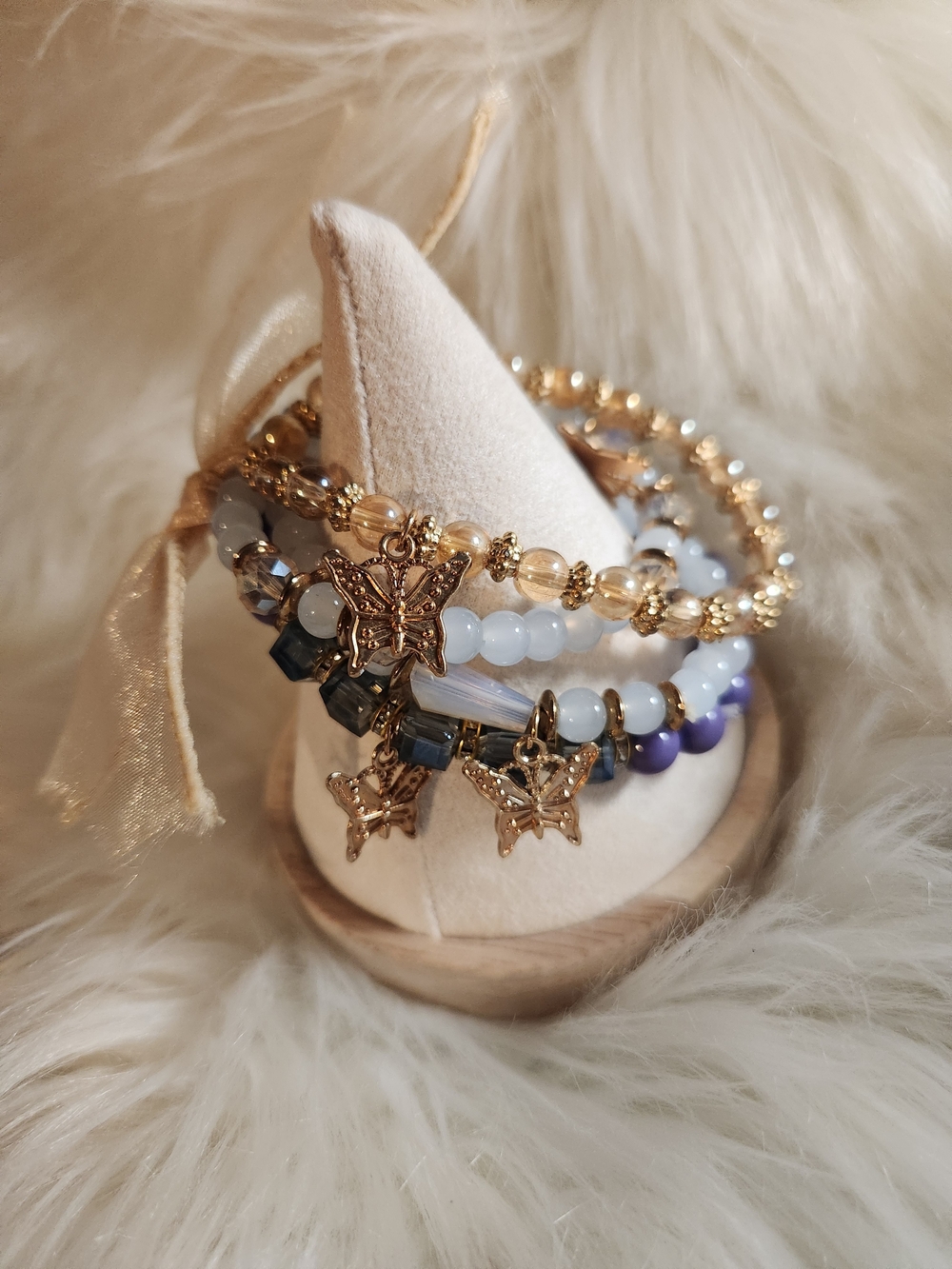 Gold And Purple Butterfly Charm Beaded Bracelet Stack - Women Jewelry